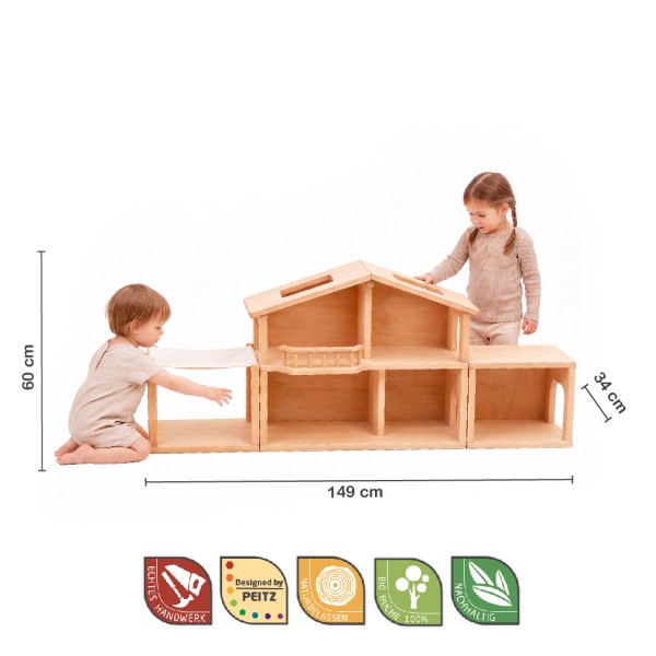 Großes Puppenhaus mit Garage und Wintergarten im Größenvergleich mit Kindern – 149 cm breit und ideal für gemeinsames Spielen